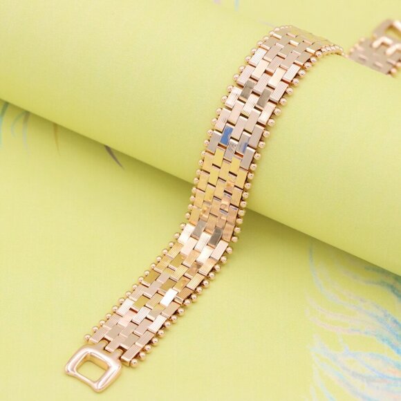 "Wide Rose Gold Bracelet with Textured Interlink & Ball Edge Design, XPBL0873 - Picture 2 of 13